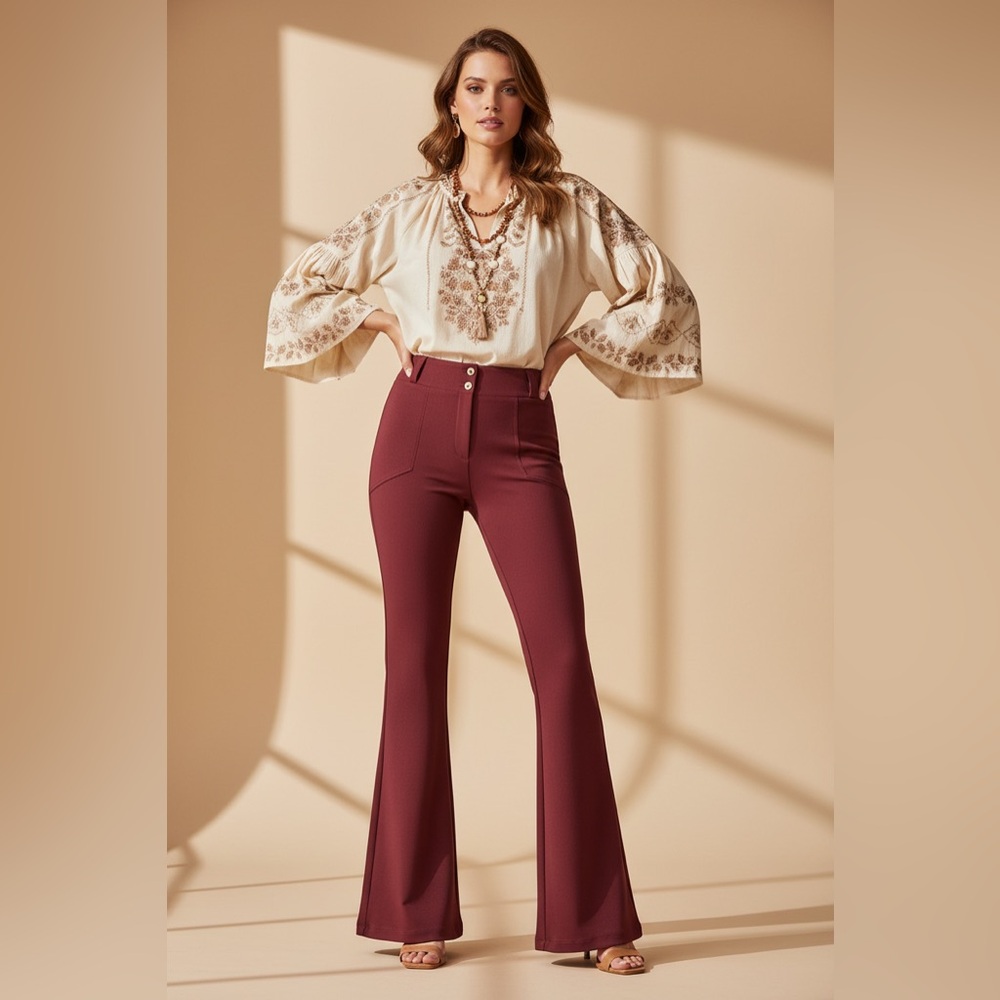 LuLaRoe Emery Wide Leg Pants • Solid Tibetan Red • Rayon Ponte